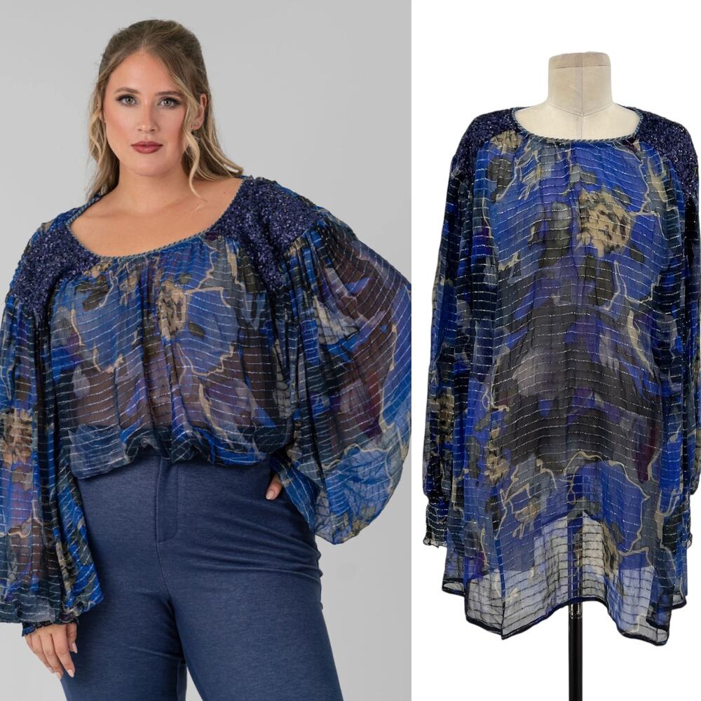 Anthropologie Bl-nk London Senta Top Floral Print Sequin Sheer Plus Size‎ 1X